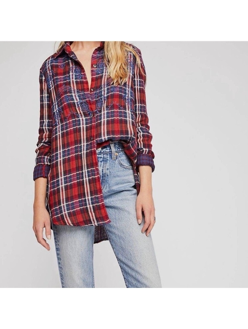Free People Magical Plaid Boho Cottage Embroidered Cotton Button Down size small